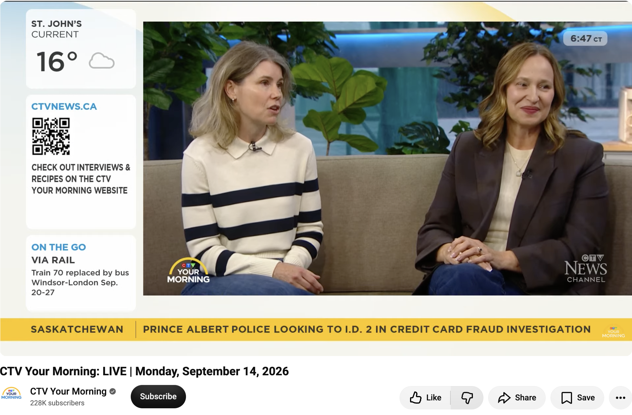 Carlye Jensen and Jennifer Wilson speaking on CTV Your Morning, sitting on a couch.